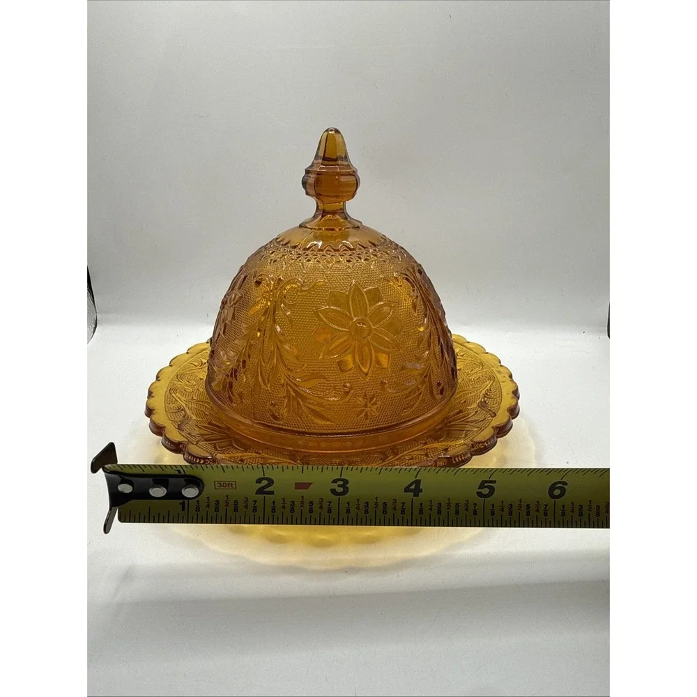 Tiara Amber Sandwich Indiana Covered Lidded‎ ROUND DOMED BUTTER CHEESE DISH